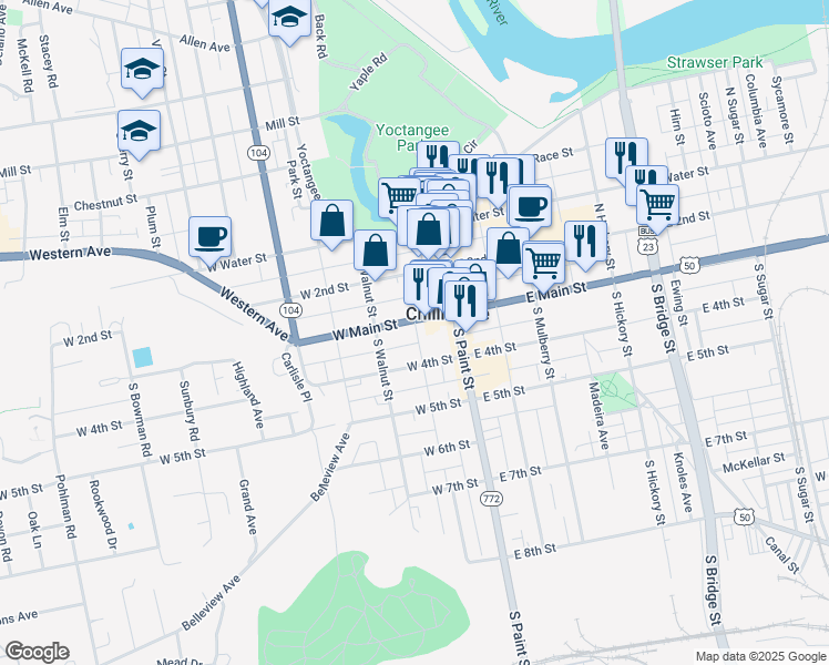 map of restaurants, bars, coffee shops, grocery stores, and more near in Chillicothe