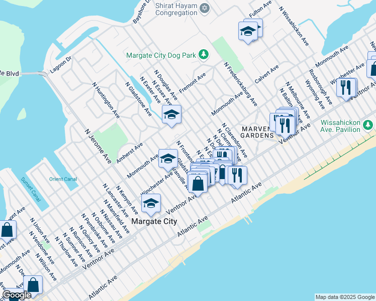 map of restaurants, bars, coffee shops, grocery stores, and more near 112 North Exeter Avenue in Margate City