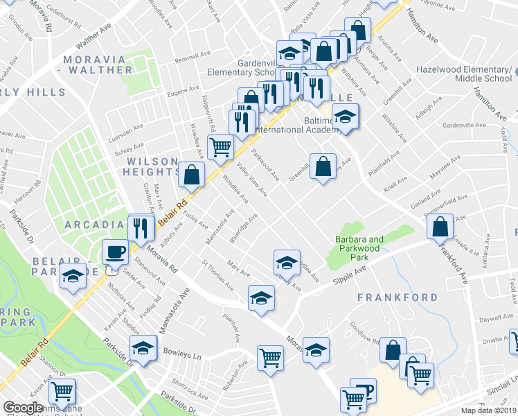 map of restaurants, bars, coffee shops, grocery stores, and more near 4320 Woodlea Avenue in Baltimore