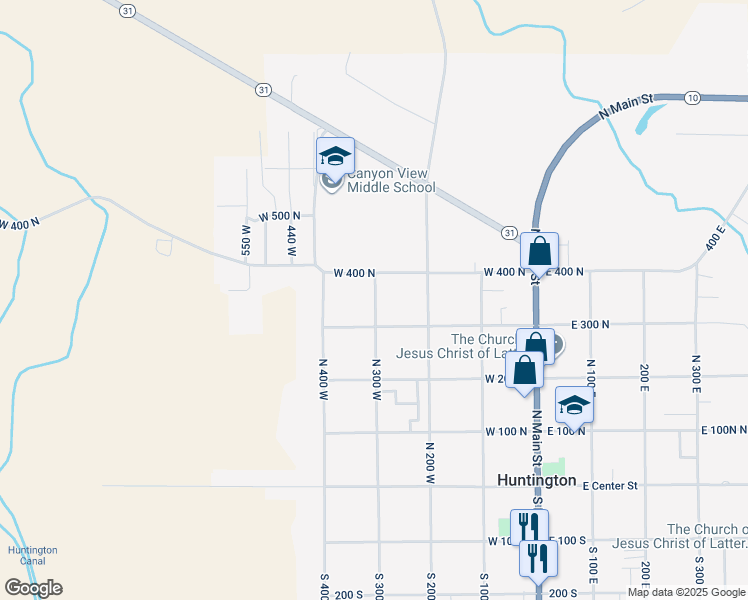 map of restaurants, bars, coffee shops, grocery stores, and more near 388 North 300 West in Huntington