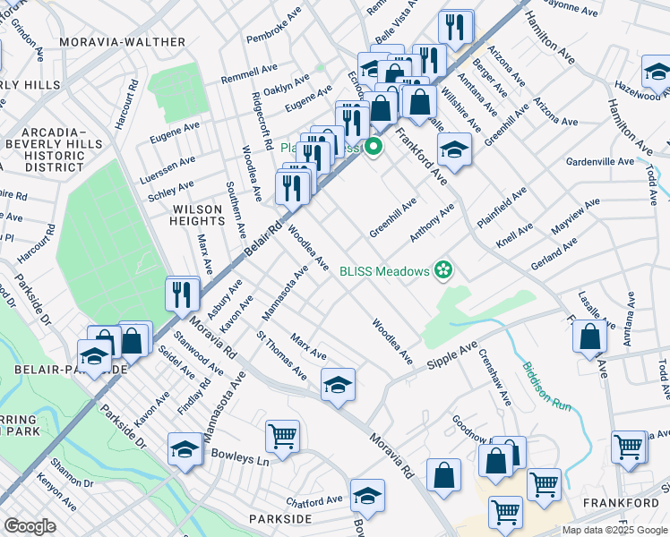 map of restaurants, bars, coffee shops, grocery stores, and more near 4320 Woodlea Avenue in Baltimore