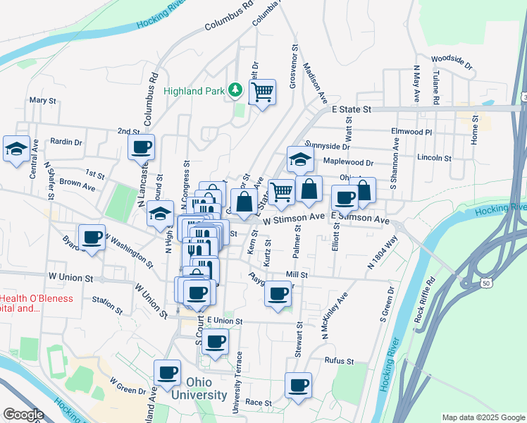 map of restaurants, bars, coffee shops, grocery stores, and more near 110 East State Street in Athens