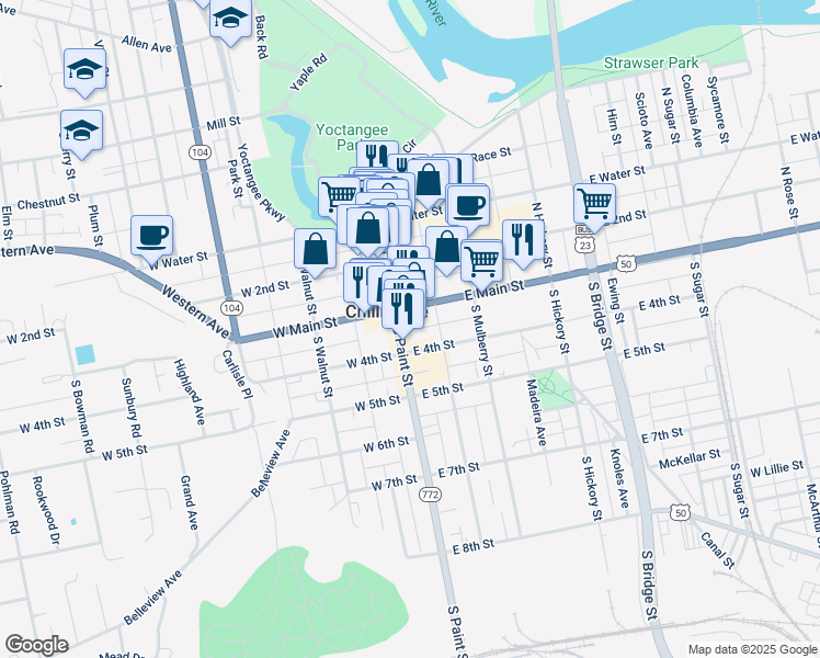 map of restaurants, bars, coffee shops, grocery stores, and more near 12 East Main Street in Chillicothe