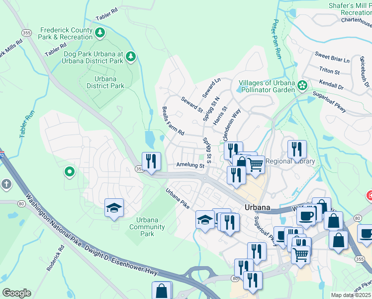 map of restaurants, bars, coffee shops, grocery stores, and more near 8805 Lew Wallace Road in Frederick