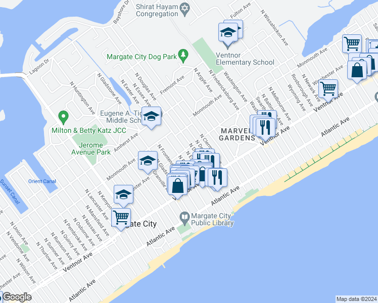 map of restaurants, bars, coffee shops, grocery stores, and more near 39 North Essex Avenue in Margate City