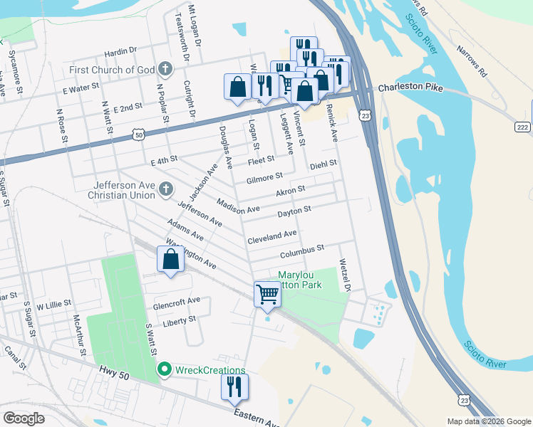 map of restaurants, bars, coffee shops, grocery stores, and more near 925 Dayton Street in Chillicothe
