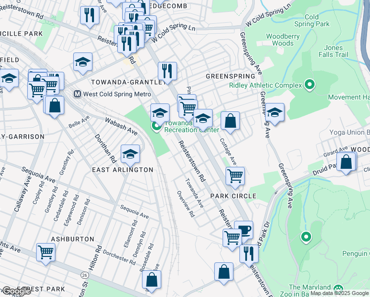 map of restaurants, bars, coffee shops, grocery stores, and more near Keyworth Ave & Reisterstown Rd in Baltimore