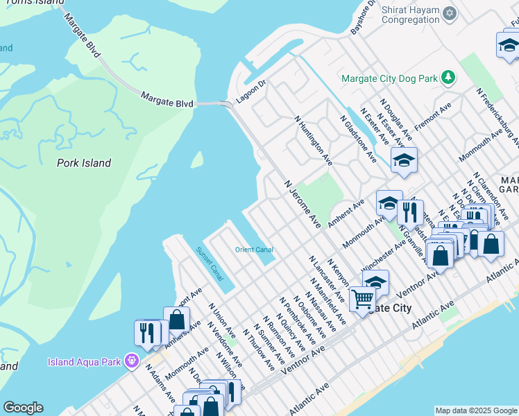map of restaurants, bars, coffee shops, grocery stores, and more near 416 North Mansfield Avenue in Margate City