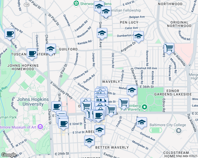 map of restaurants, bars, coffee shops, grocery stores, and more near 3610 Greenmount Avenue in Baltimore