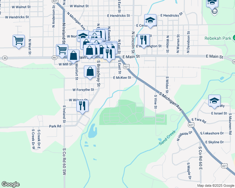 map of restaurants, bars, coffee shops, grocery stores, and more near 345 South East Street in Greensburg