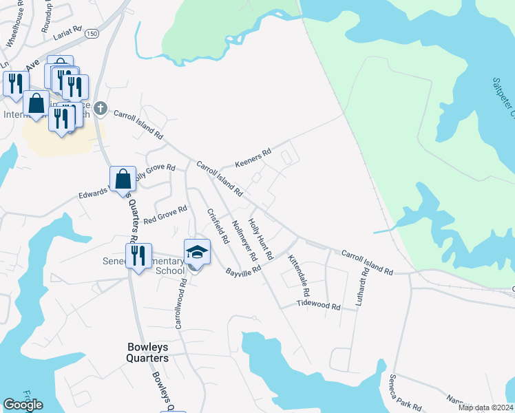 map of restaurants, bars, coffee shops, grocery stores, and more near 300 Holly Hunt Road in Middle River