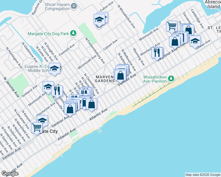 map of restaurants, bars, coffee shops, grocery stores, and more near 9 West Drive in Margate City