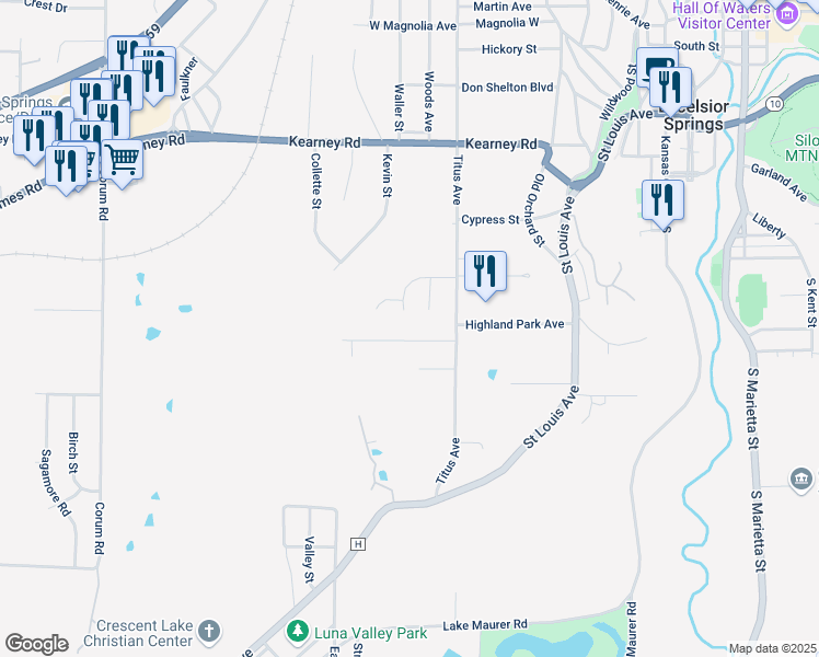 map of restaurants, bars, coffee shops, grocery stores, and more near 1105 Melanie Lane in Excelsior Springs