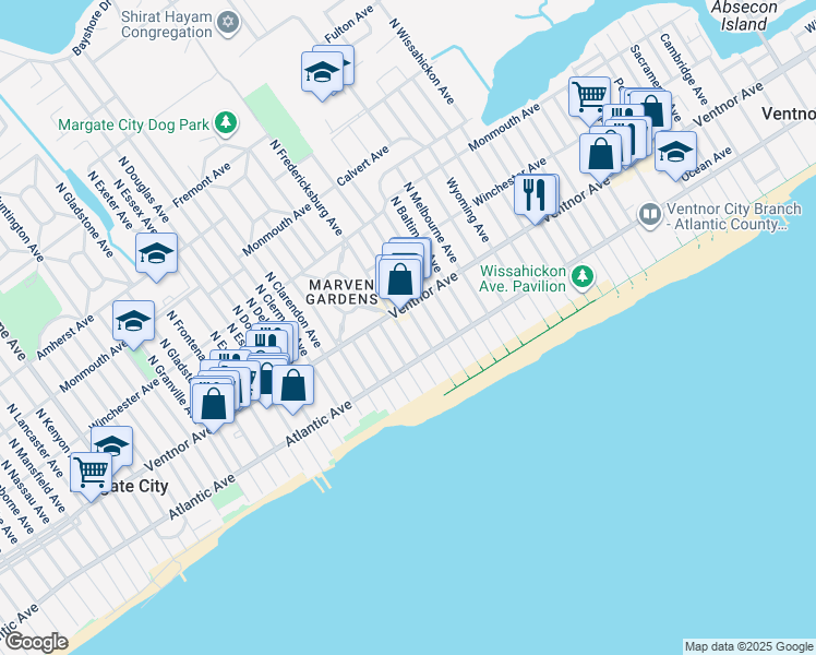 map of restaurants, bars, coffee shops, grocery stores, and more near 10 South Washington Avenue in Ventnor City