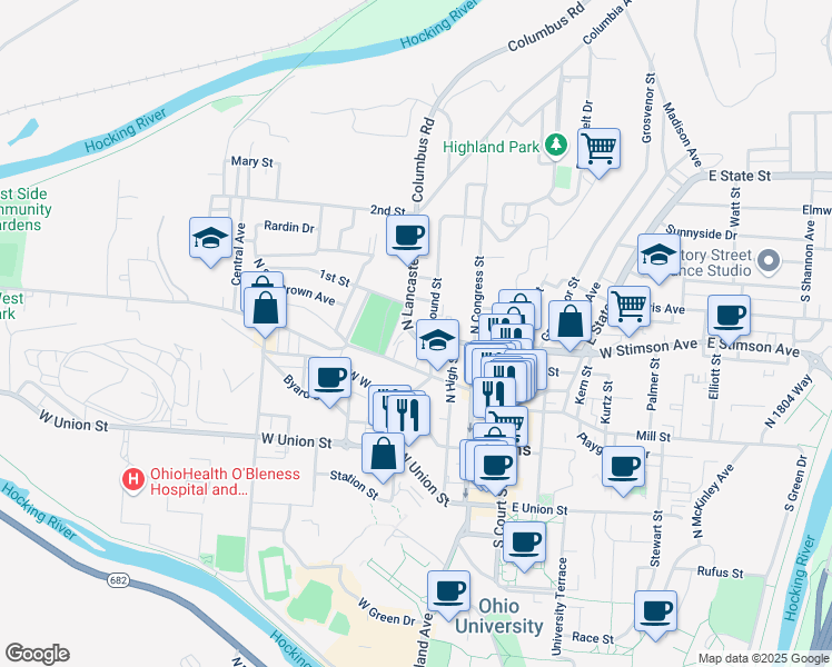 map of restaurants, bars, coffee shops, grocery stores, and more near 73 West Carpenter Street in Athens