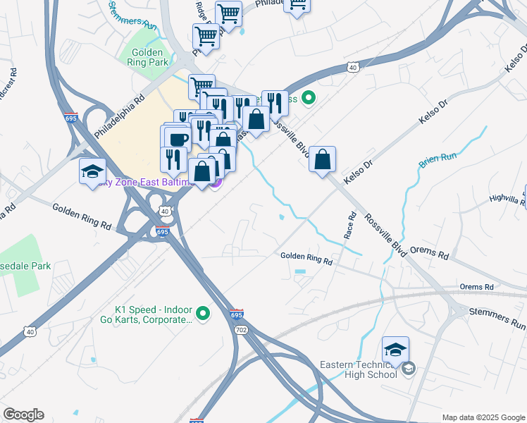 map of restaurants, bars, coffee shops, grocery stores, and more near 8620 Kelso Drive in Essex
