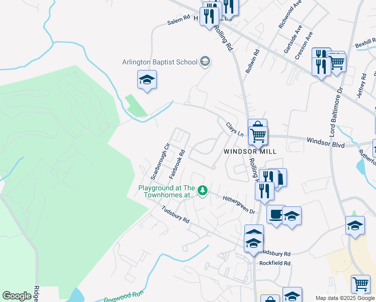 map of restaurants, bars, coffee shops, grocery stores, and more near 2607 Claybrooke Drive in Milford Mill