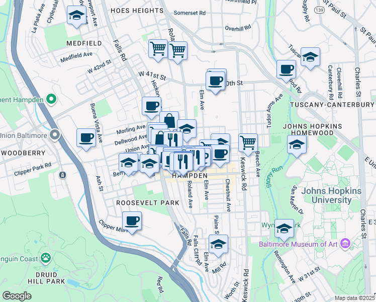 map of restaurants, bars, coffee shops, grocery stores, and more near Roland Avenue & West 37th Street in Baltimore