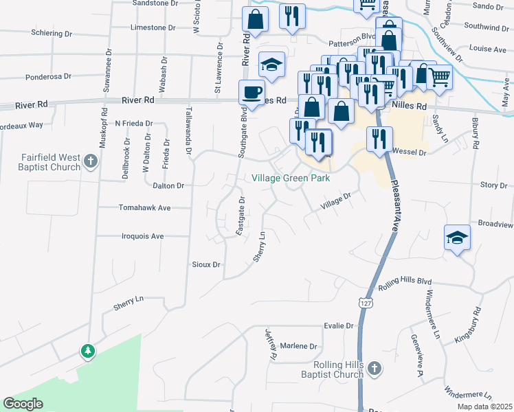 map of restaurants, bars, coffee shops, grocery stores, and more near 5096 Sherry Lane in Fairfield