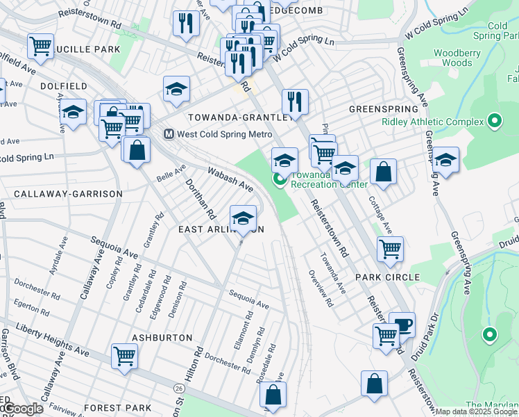 map of restaurants, bars, coffee shops, grocery stores, and more near 4054 Hilton Road in Baltimore