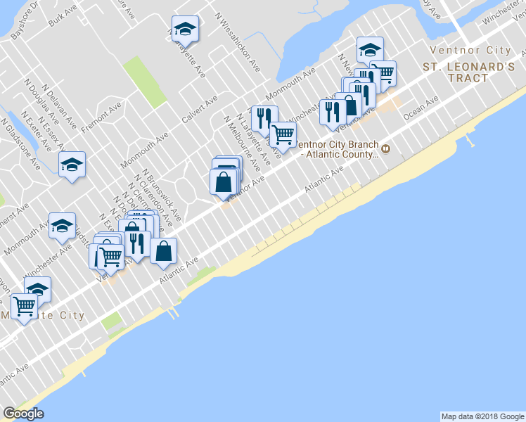 map of restaurants, bars, coffee shops, grocery stores, and more near 7205 Atlantic Avenue in Ventnor City