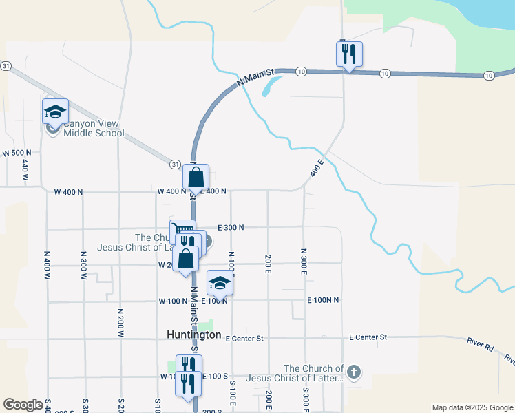 map of restaurants, bars, coffee shops, grocery stores, and more near 150-198 East 400 North in Huntington