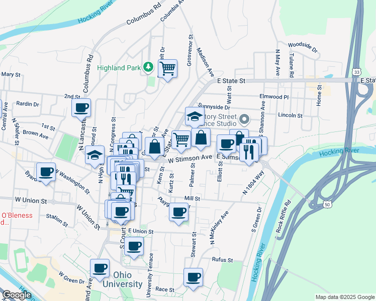 map of restaurants, bars, coffee shops, grocery stores, and more near 15.5 Morris Avenue in Athens