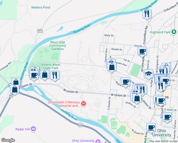 map of restaurants, bars, coffee shops, grocery stores, and more near 15 South Shafer Street in Athens