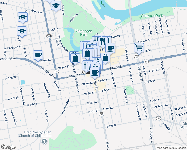 map of restaurants, bars, coffee shops, grocery stores, and more near 12 East Main Street in Chillicothe