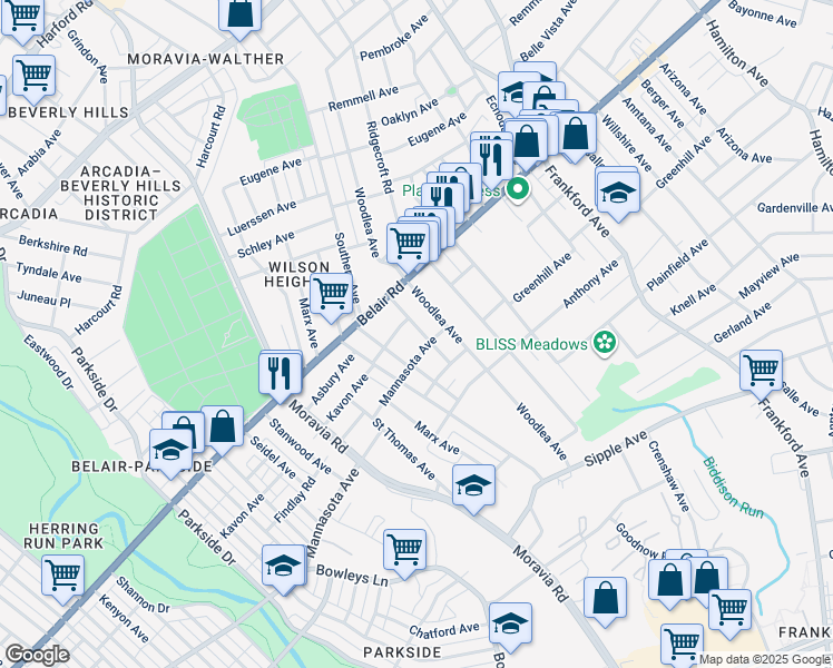 map of restaurants, bars, coffee shops, grocery stores, and more near 4215 Raymar Avenue in Baltimore