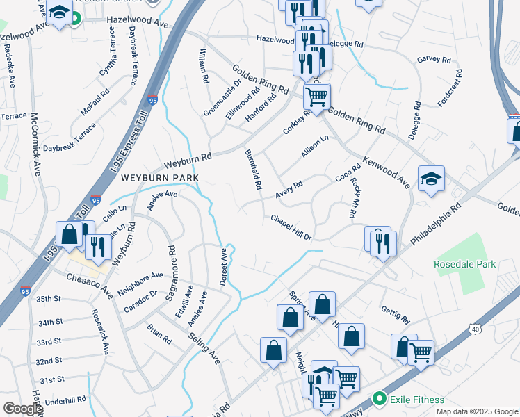 map of restaurants, bars, coffee shops, grocery stores, and more near 8323 Avery Road in Rosedale