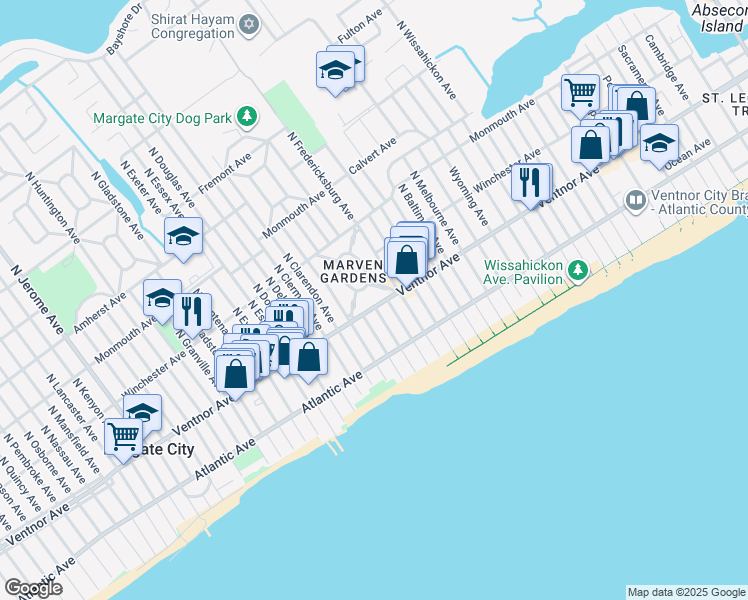 map of restaurants, bars, coffee shops, grocery stores, and more near 9 West Drive in Margate City