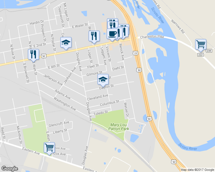 map of restaurants, bars, coffee shops, grocery stores, and more near 1007 Dayton Street in Chillicothe