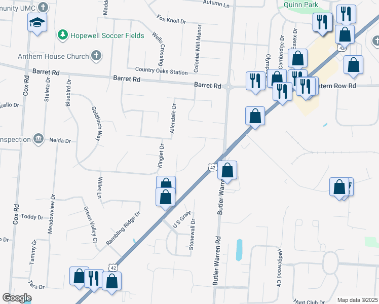 map of restaurants, bars, coffee shops, grocery stores, and more near 8599 Acredale Drive in Butler County