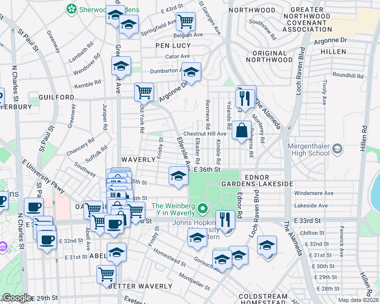 map of restaurants, bars, coffee shops, grocery stores, and more near 908 McKewin Avenue in Baltimore