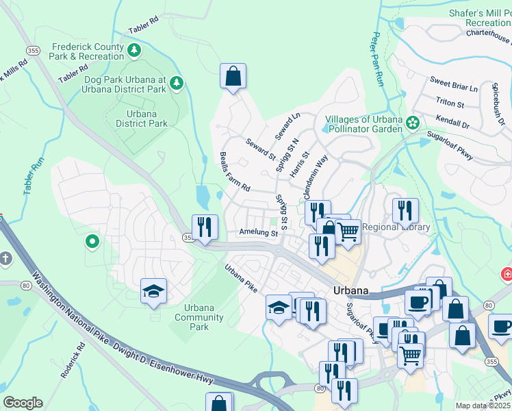 map of restaurants, bars, coffee shops, grocery stores, and more near 8818 Lew Wallace Road in Frederick