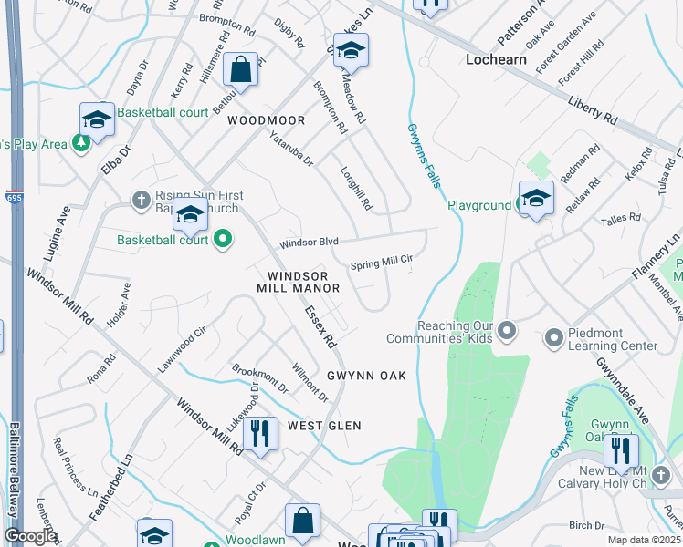 map of restaurants, bars, coffee shops, grocery stores, and more near 6403 Woodgreen Circle in Baltimore