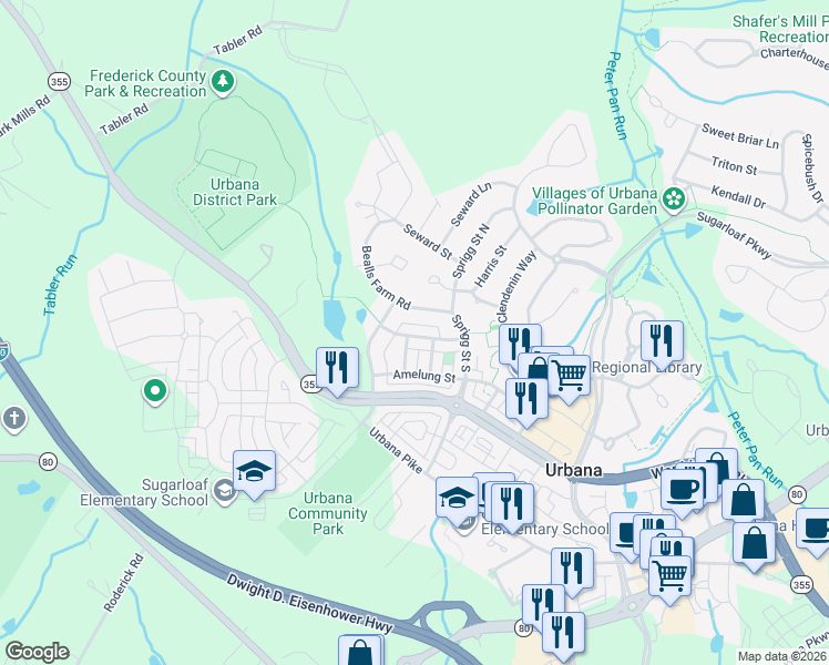 map of restaurants, bars, coffee shops, grocery stores, and more near 8812 Lew Wallace Road in Frederick