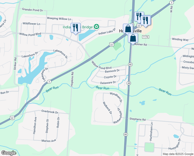map of restaurants, bars, coffee shops, grocery stores, and more near 285 Coyote Drive in Maineville