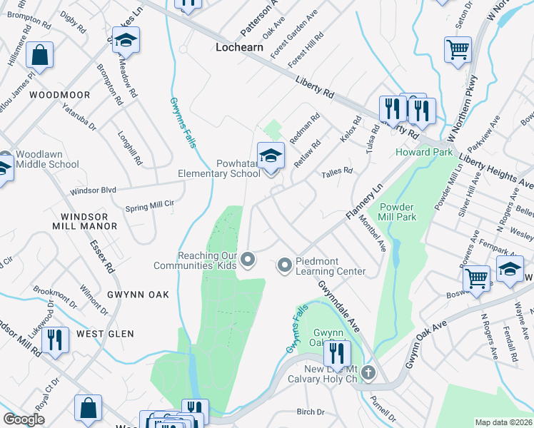 map of restaurants, bars, coffee shops, grocery stores, and more near 5630 Gwynndale Avenue in Baltimore