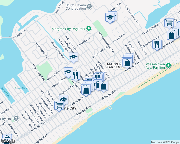map of restaurants, bars, coffee shops, grocery stores, and more near 101 North Essex Avenue in Margate City