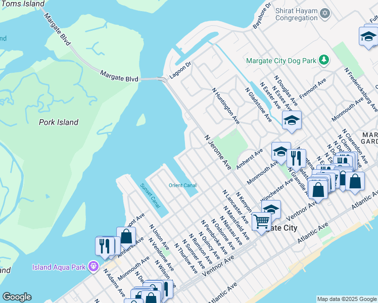 map of restaurants, bars, coffee shops, grocery stores, and more near 8511 Fulton Avenue in Margate City