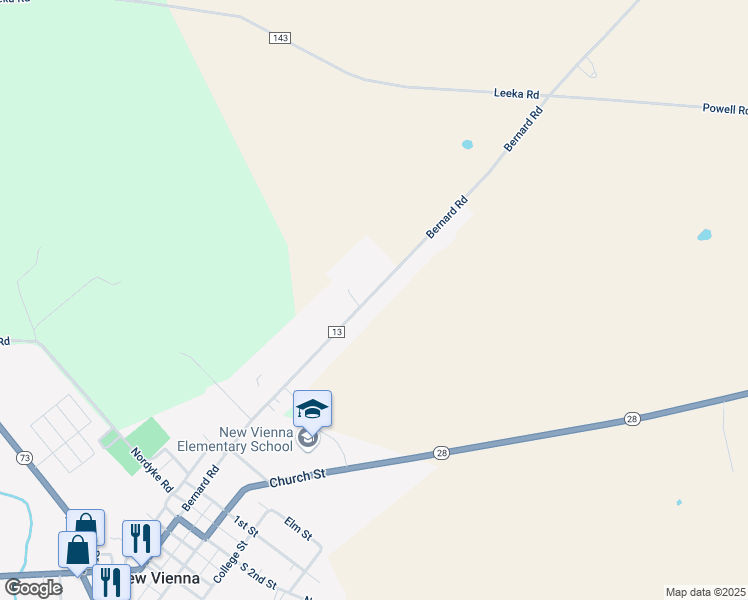 map of restaurants, bars, coffee shops, grocery stores, and more near 692 Bernard Road in New Vienna