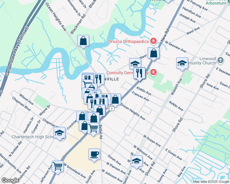 map of restaurants, bars, coffee shops, grocery stores, and more near 530 West Ocean Heights Avenue in Linwood