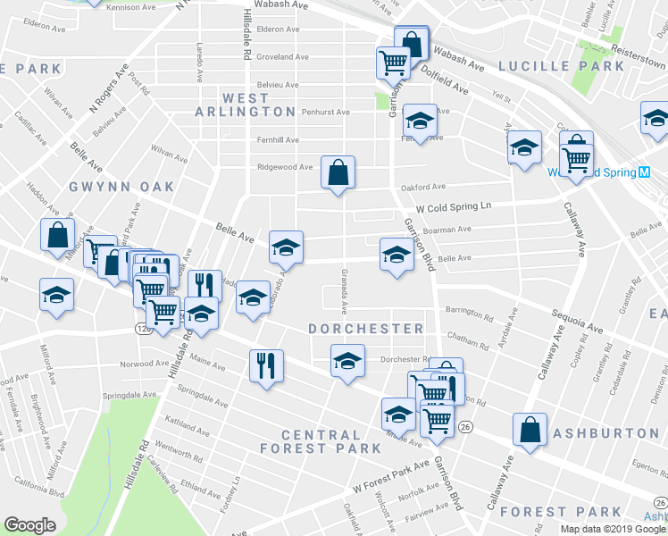map of restaurants, bars, coffee shops, grocery stores, and more near 4105 Belle Avenue in Baltimore