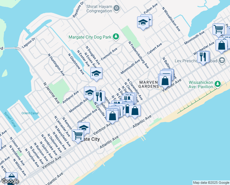 map of restaurants, bars, coffee shops, grocery stores, and more near 101 North Essex Avenue in Margate City