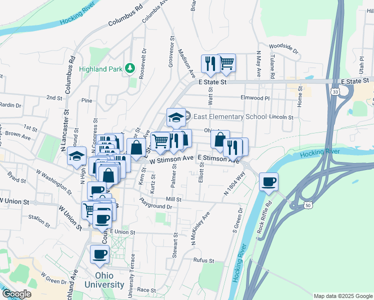 map of restaurants, bars, coffee shops, grocery stores, and more near 15 Ondis Avenue in Athens
