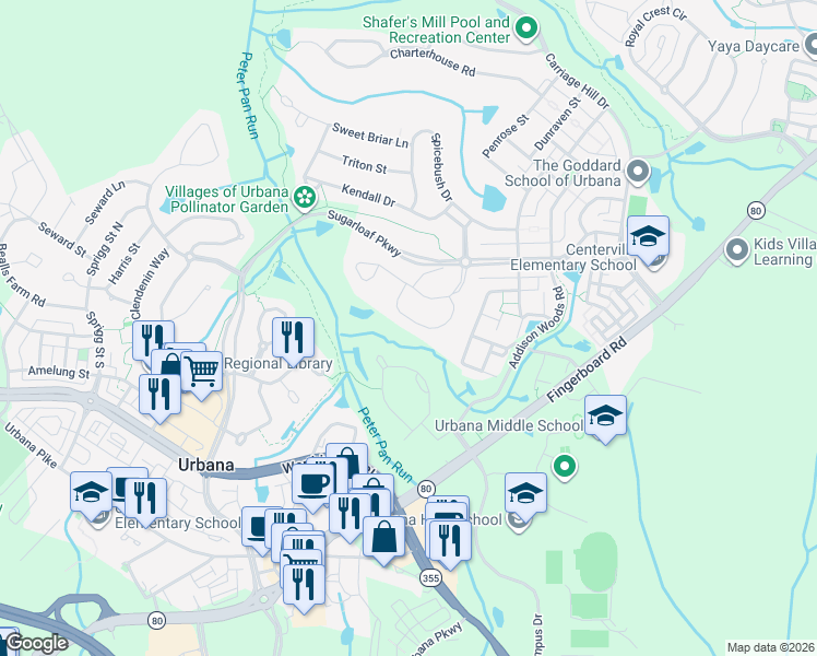 map of restaurants, bars, coffee shops, grocery stores, and more near 9321 Elgin Lane in Frederick