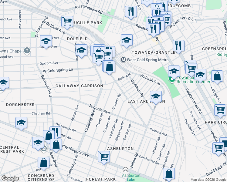map of restaurants, bars, coffee shops, grocery stores, and more near 3825 Copley Rd in Baltimore