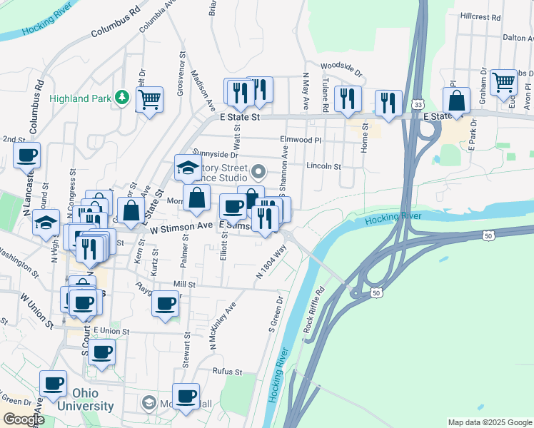 map of restaurants, bars, coffee shops, grocery stores, and more near 153 Morris Ave in Athens